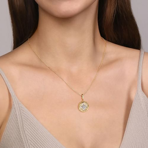 14K Yellow Gold Bujukan Diamond and Mother of Pearl Medallion Pendant