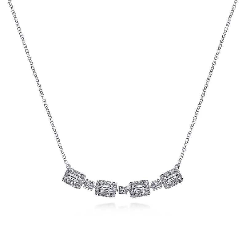 14K White Gold Rectangular Baguette and Diamond Halo Station Necklace