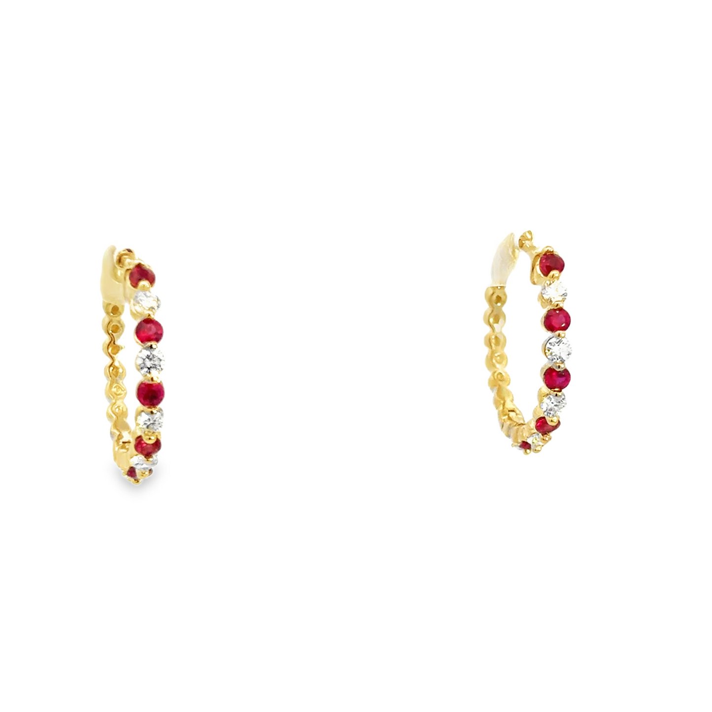 14K YELLOW GOLD DIAMOND AND RUBY HOOPS