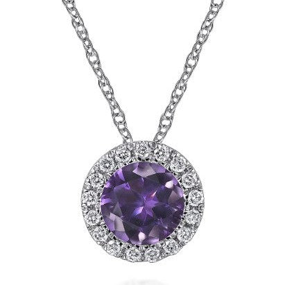 14K White Gold Amethyst and Diamond Halo Pendant Necklace