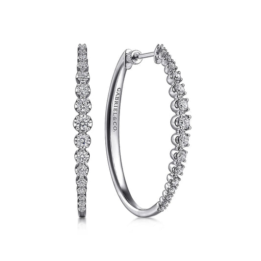 14K White Gold 40mm Buttercup set Diamond Classic Oval Hoop Earrings