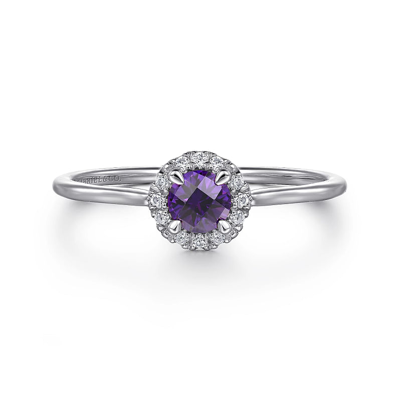 14K White Gold Amethyst and Diamond Halo Promise Ring