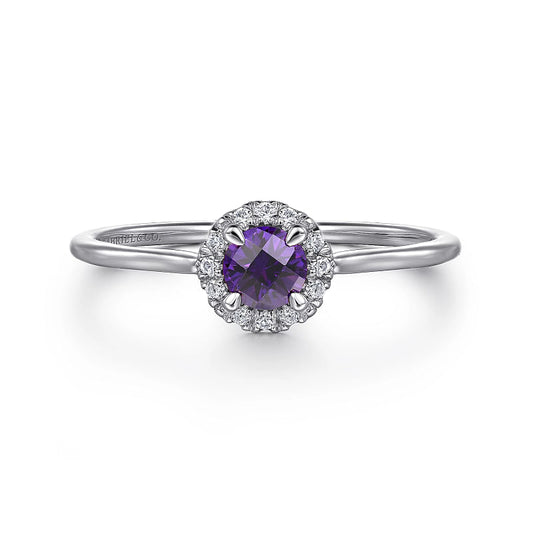 14K White Gold Amethyst and Diamond Halo Promise Ring