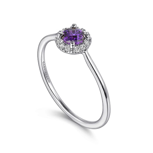 14K White Gold Amethyst and Diamond Halo Promise Ring