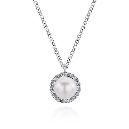Gabriel & Co | 14K White Gold Cultured Pearl and Diamond Halo Pendant Necklace