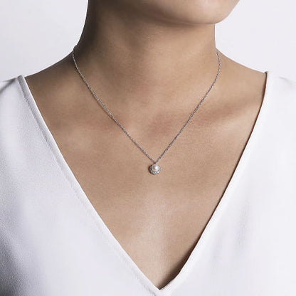 Gabriel & Co | 14K White Gold Cultured Pearl and Diamond Halo Pendant Necklace