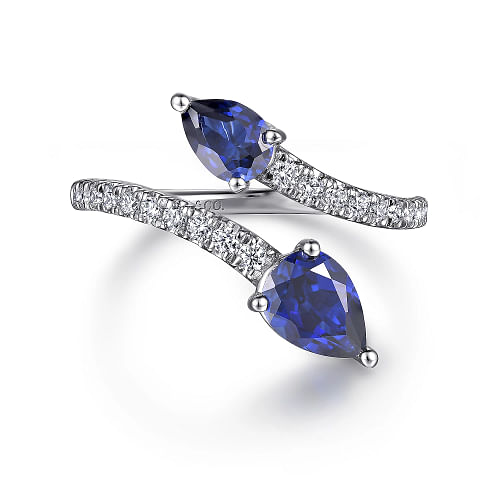 Gabriel & Co | 14K White Gold Diamond and Blue Sapphire Bypass Ring