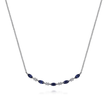 Gabriel & Co | 14K White Gold Diamond and Marquise Blue Sapphire Bar Necklace
