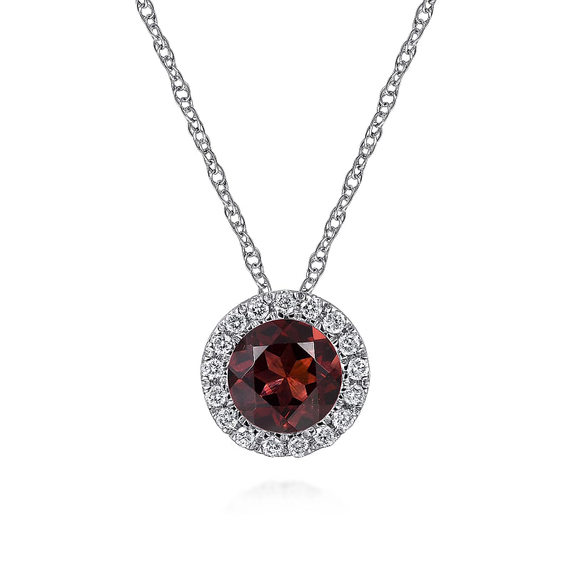 14K White Gold Garnet and Diamond Halo Pendant Necklace
