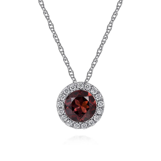 14K White Gold Garnet and Diamond Halo Pendant Necklace