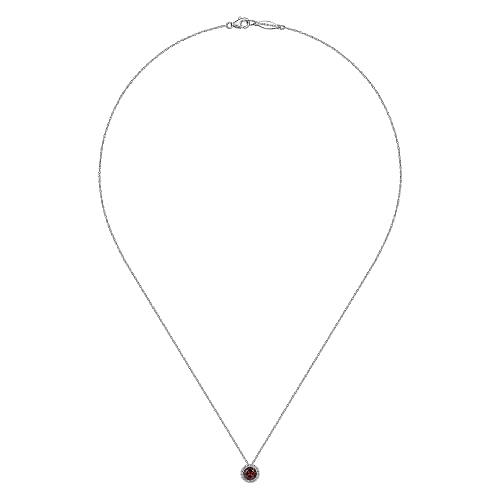 14K White Gold Garnet and Diamond Halo Pendant Necklace