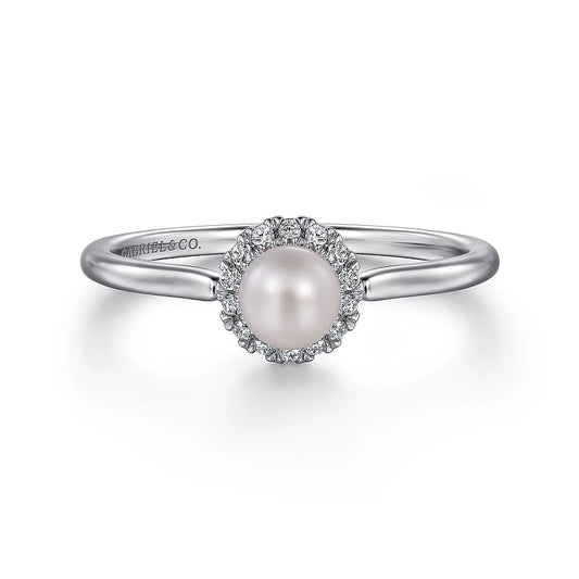 Gabriel & Co | 14K White Gold Pearl Ring with Diamond Halo
