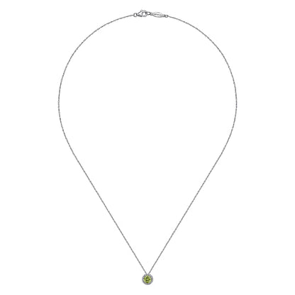 Gabriel & Co | 14K White Gold Peridot and Diamond Halo Pendant Necklace