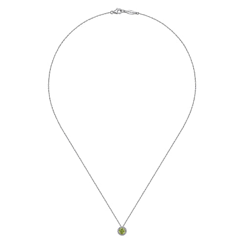 14K White Gold Peridot and Diamond Halo Pendant Necklace