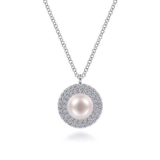 Gabriel & Co | 14K White Gold Round Pearl and Diamond Halo Pendant Necklace