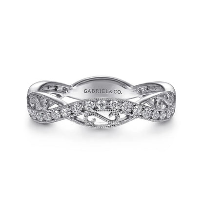 Gabriel & Co | 14K White Gold Twisted Filigree Diamond Stackable Ring