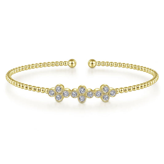 14K Yellow Gold Bujukan Bead Cuff Bracelet with Three Quatrefoil Diamond Stations