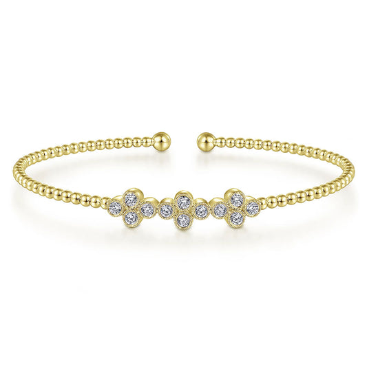 Gabriel & Co | 14K Yellow Gold Bujukan Bead Cuff Bracelet with Three Quatrefoil Diamond Stations