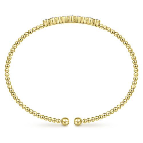 14K Yellow Gold Bujukan Bead Cuff Bracelet with Three Quatrefoil Diamond Stations