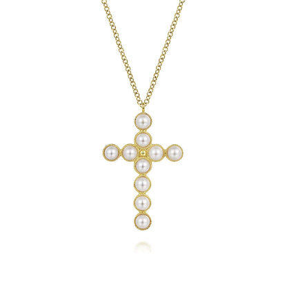 Gabriel & Co | 14K Yellow Gold Pearl Cross Pendant Necklace