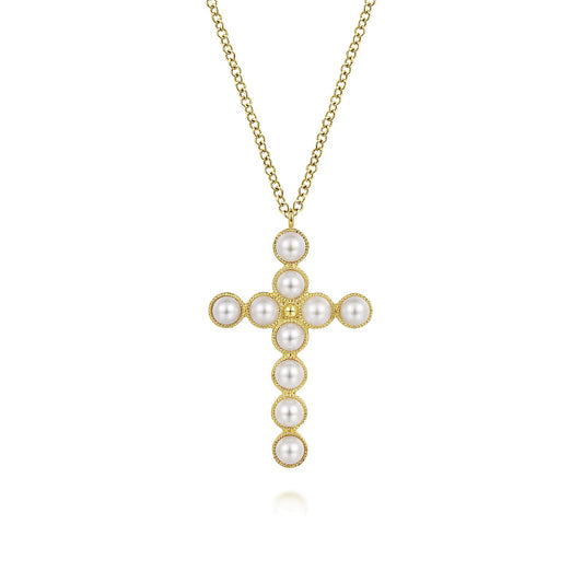 Gabriel & Co | 14K Yellow Gold Pearl Cross Pendant Necklace
