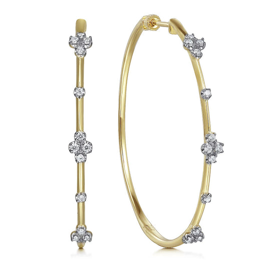 14K Yellow Gold Prong Set 50mm Round Classic Diamond Hoop Earrings