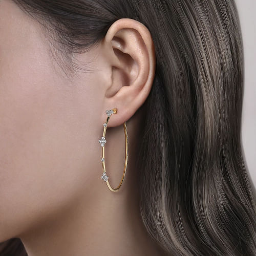 14K Yellow Gold Prong Set 50mm Round Classic Diamond Hoop Earrings