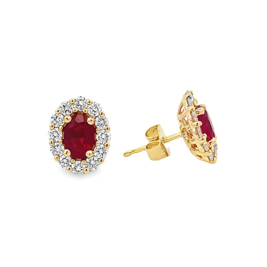 14K Yellow Gold Ruby and Diamond Halo Earrings