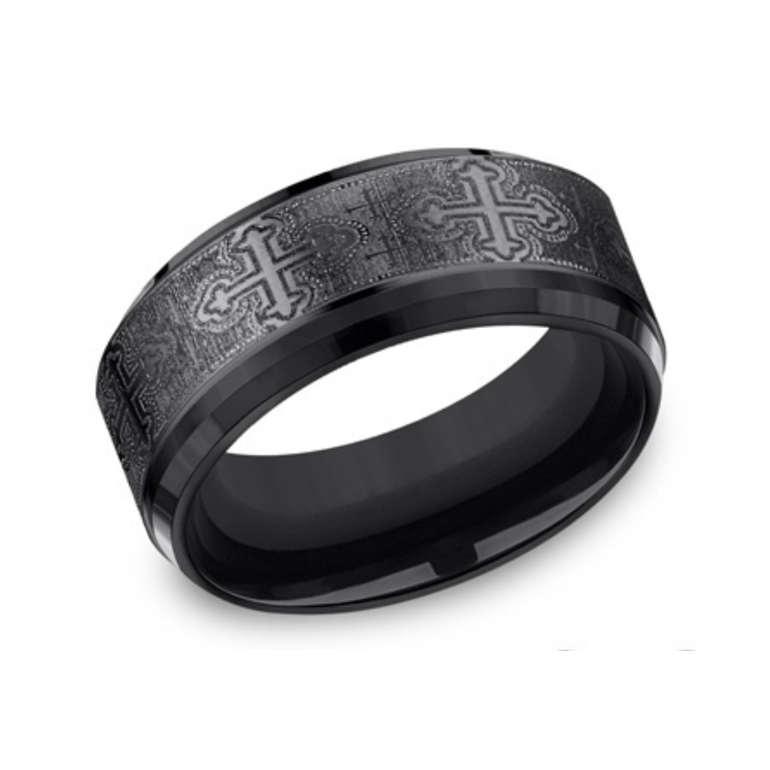 Black Titanium Comfort-Fit Cathedral Cross Design Wedding Band