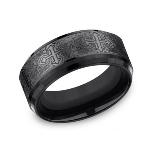 Black Titanium Comfort-Fit Cathedral Cross Design Wedding Band