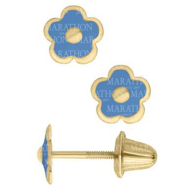 14K Yellow Gold and Blue Enamel Flower Earrings