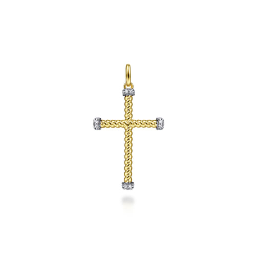 14K Yellow Gold Twisted Rope Cross Pendant with Diamonds