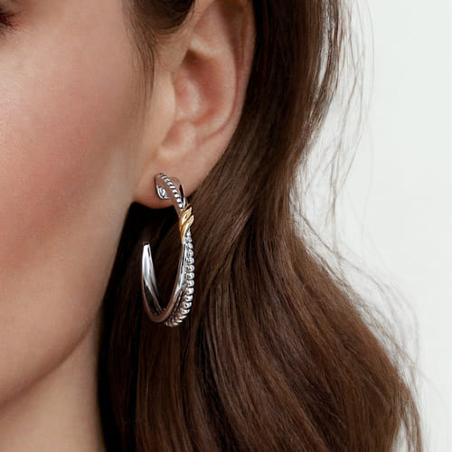 14K Yellow Gold and Sterling Silver Gabriel & Co. Bujukan J Hoop Earrings