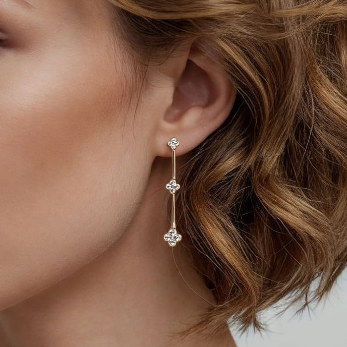 14K Yellow Gold Graduating Diamond Cluster Stud Drop Earrings