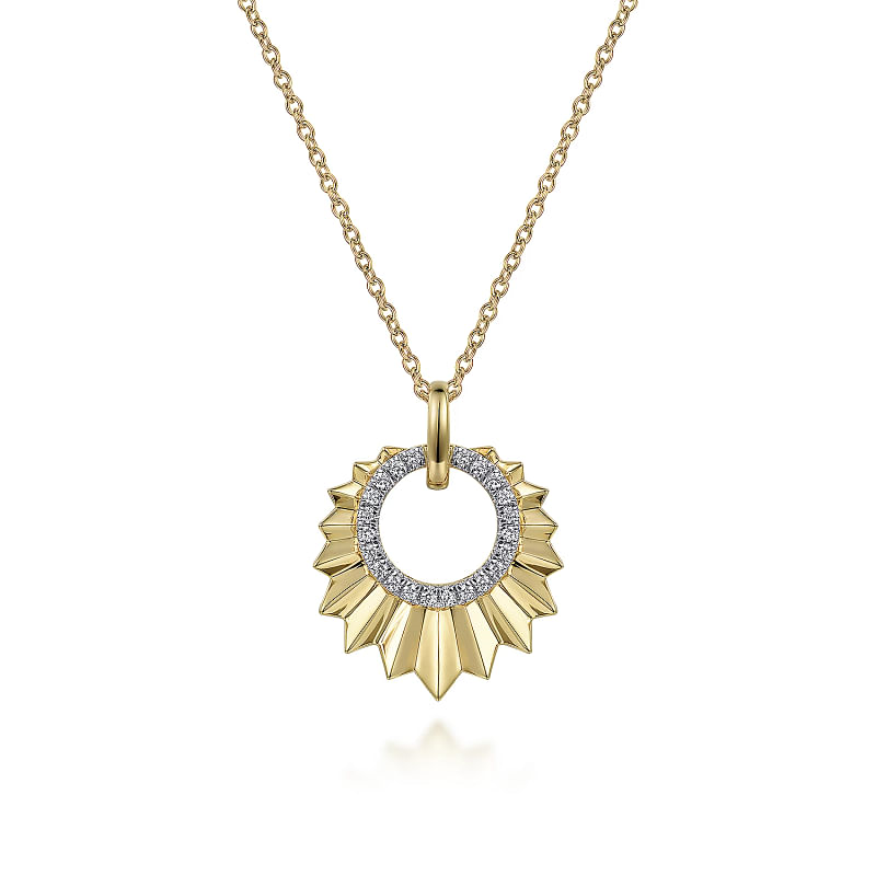 14K Yellow Gold Diamond and Diamond Cut Texture Pendant Necklace