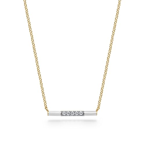 Enamel - 14K Yellow Gold Diamond Bar Necklace with White Enamel