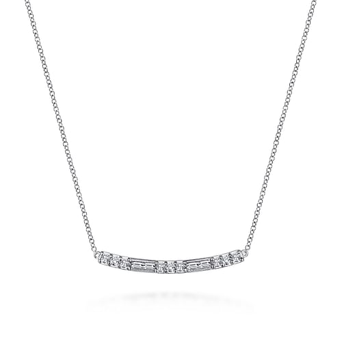 14K White Gold Round and Baguette Diamond Curved Bar Necklace
