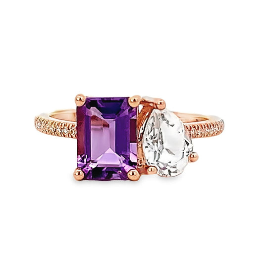 Luvente | 14K Rose Gold Two-Stone Amethyst and White Topaz Diamond Ring