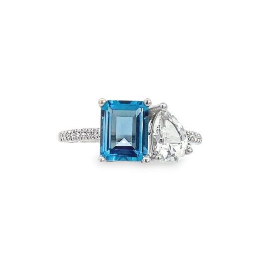 14K White Gold Two-Stone Blue and White Topaz Diamond Ring