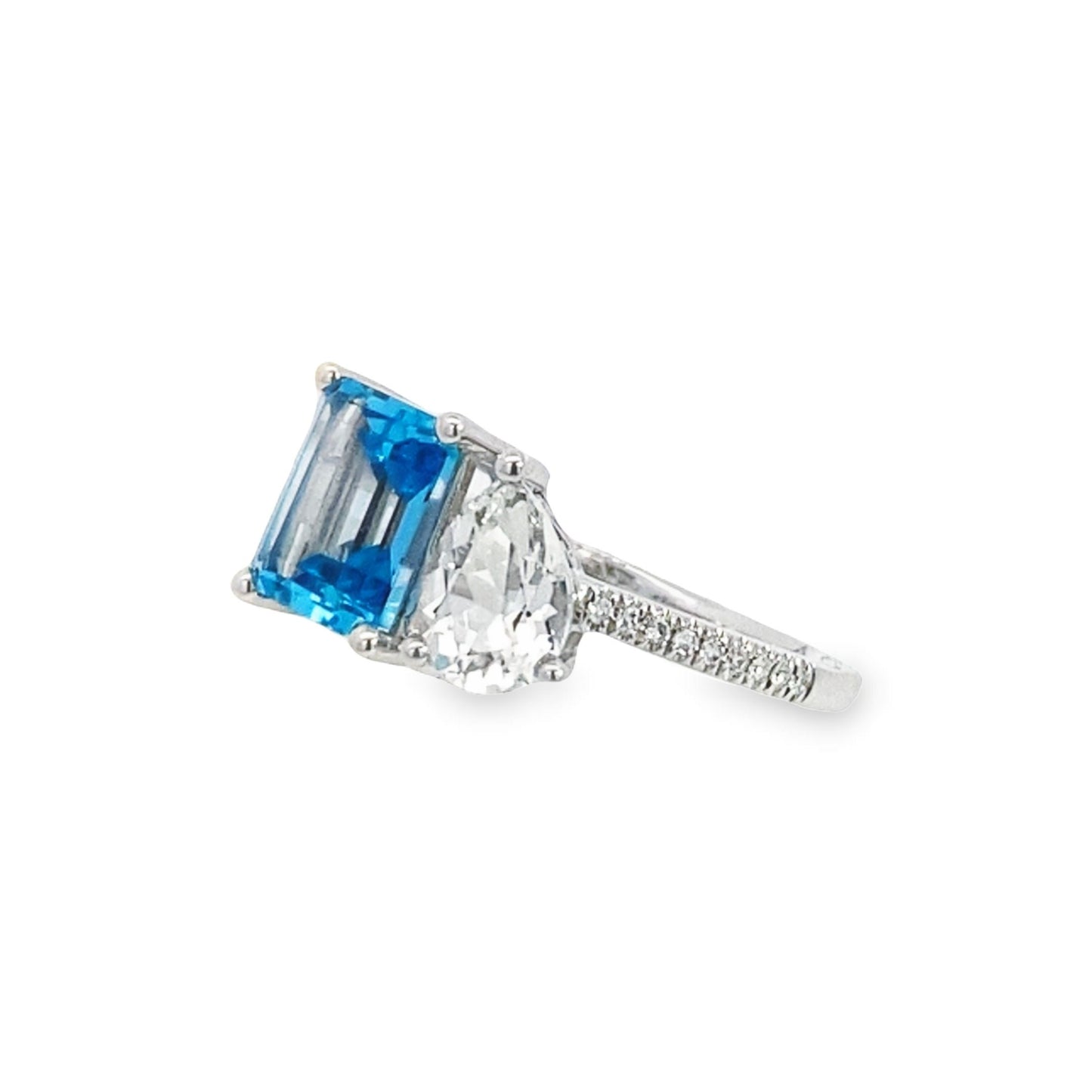 14K White Gold Two-Stone Blue and White Topaz Diamond Ring