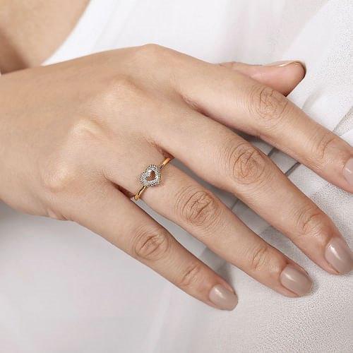 14K Yellow Gold Diamond Pave Open Heart Ring
