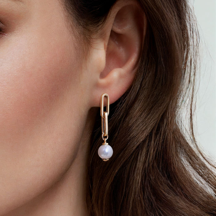 14K Yellow Gold Pearl Stud Drop Link Earrings