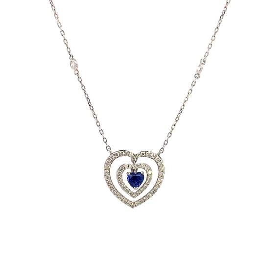 Stern International | 14K White Gold Diamond and Sapphire Heart Necklace
