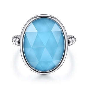 925 Sterling Silver Rock Crystal and Turquoise Oval Signet Ring