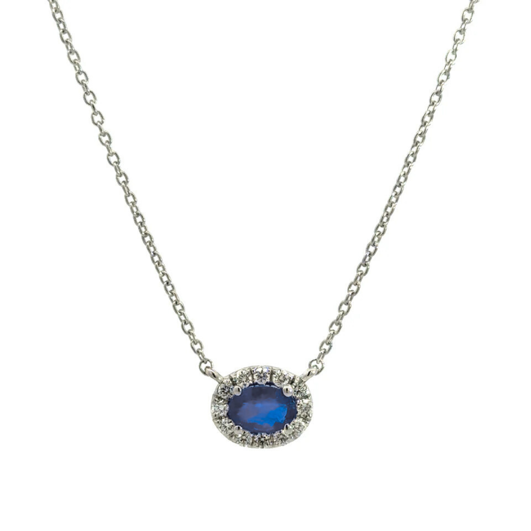 Diamond Halo and Sapphire Pendant Necklace