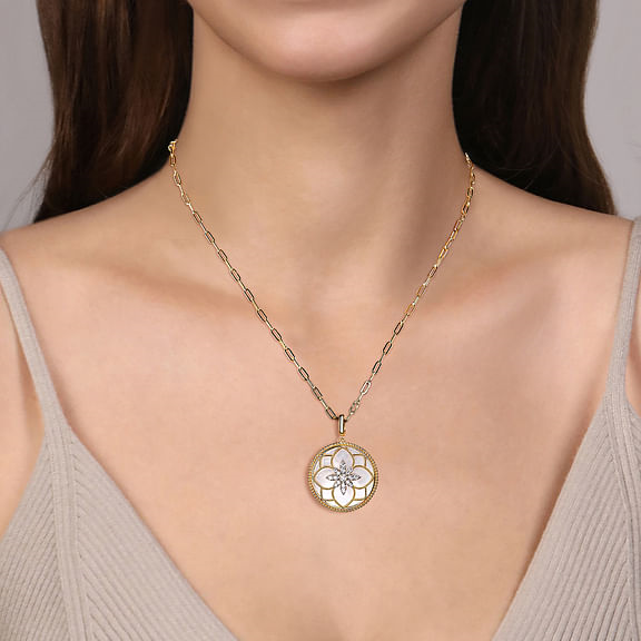 14K Yellow Gold 32mm Bujukan Diamond and Mother of Pearl Medallion Pendant