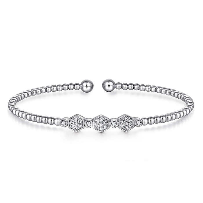 14K White Gold Bujukan Bead and Hexagon Cluster Diamond Bangle