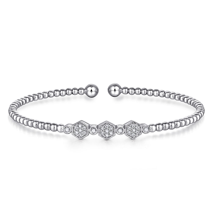 Gabriel & Co | 14K White Gold Bujukan Bead and Hexagon Cluster Diamond Bangle