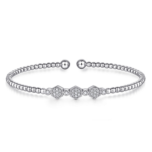 14K White Gold Bujukan Bead and Hexagon Cluster Diamond Bangle