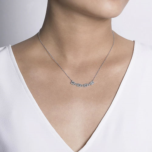 14K White Gold Rectangular Baguette and Diamond Halo Station Necklace